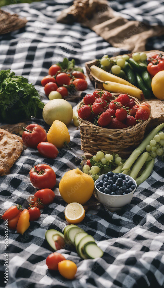 Healthy picnic spread with fresh fruits and vegetables on a checkered blanket Perfect for summer gat Healthy picnic spread with fresh fruits and vegetables on a checkered blanket Perfect for summer gat