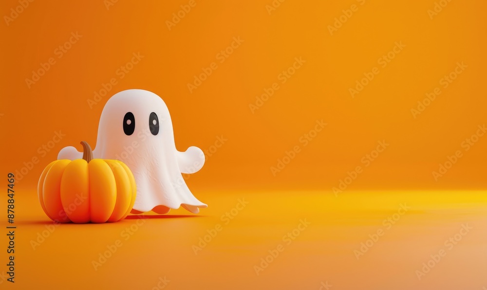 Adorable Halloween Theme: Cartoon Ghosts and Pumpkins on Simple Orange Background Adorable Halloween Theme: Cartoon Ghosts and Pumpkins on Simple Orange Background