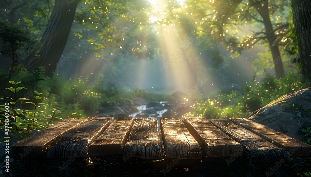 Obraz premium A wooden plank bridge in a forest, bathed in the warm golden light of the setting sun