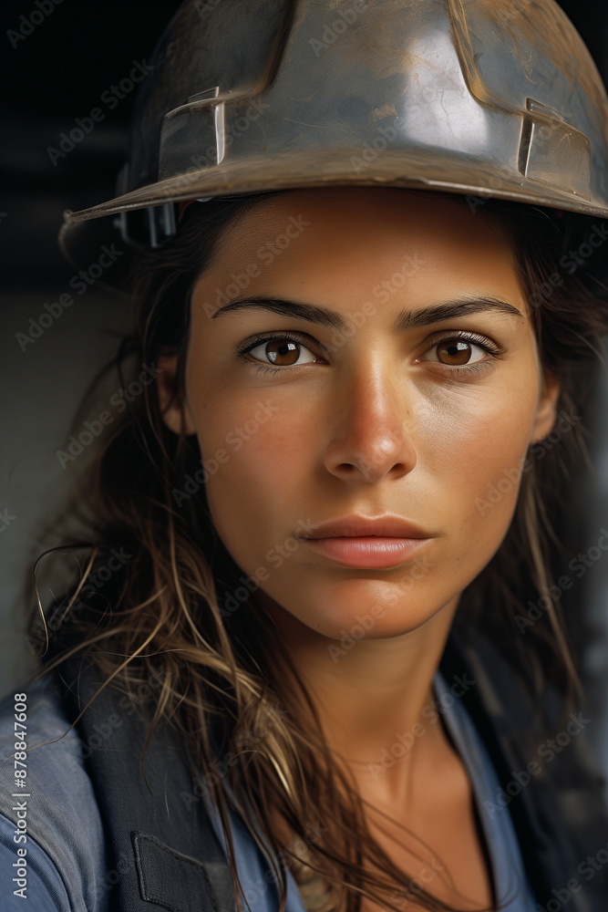 Portrait of a determined female worker with a hard hat, representing strength and dedication in industrial settings. Portrait of a determined female worker with a hard hat, representing strength and dedication in industrial settings.