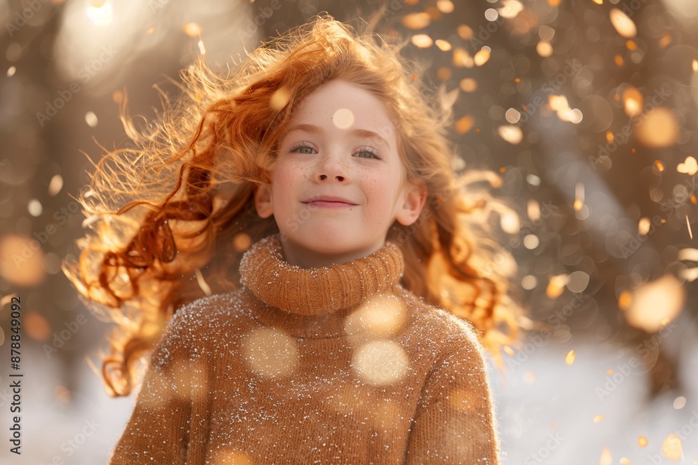Red-haired girl in a brown sweater smiling with falling autumn leaves around her Red-haired girl in a brown sweater smiling with falling autumn leaves around her