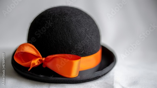 Bowler hat and orange ribbon on white background, ideal for orangemen day concept with text space photo