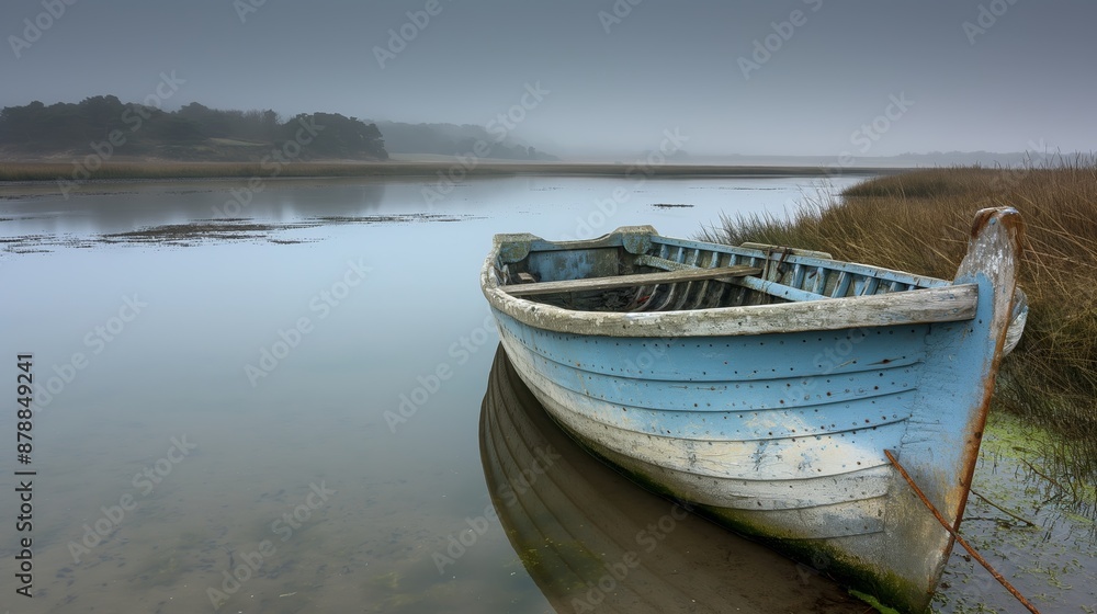 Old blue wooden boat on a calm foggy lake near grassy shore Old blue wooden boat on a calm foggy lake near grassy shore
