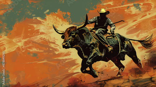 Artistic Style Painting of Bull Riding Aspect 16:9