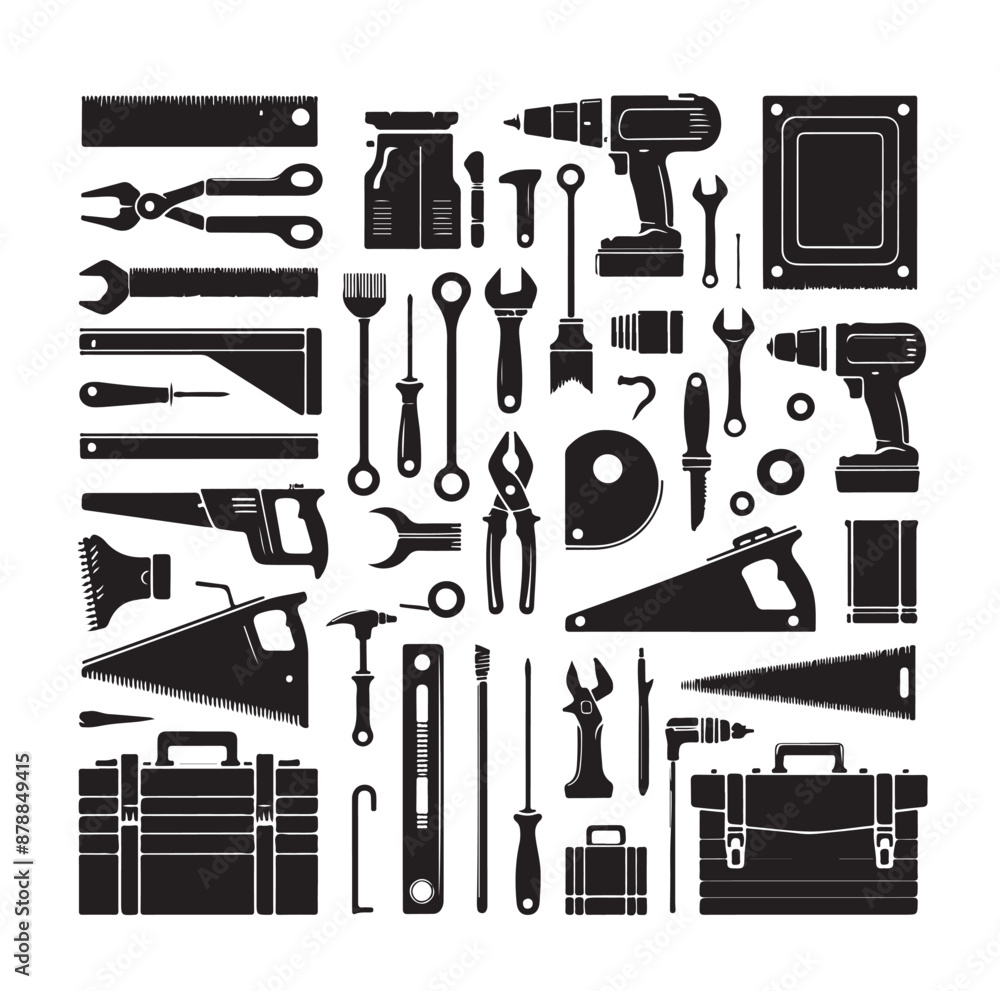 Set of Carpentry tools silhouettes vector illustration Set of Carpentry tools silhouettes vector illustration
