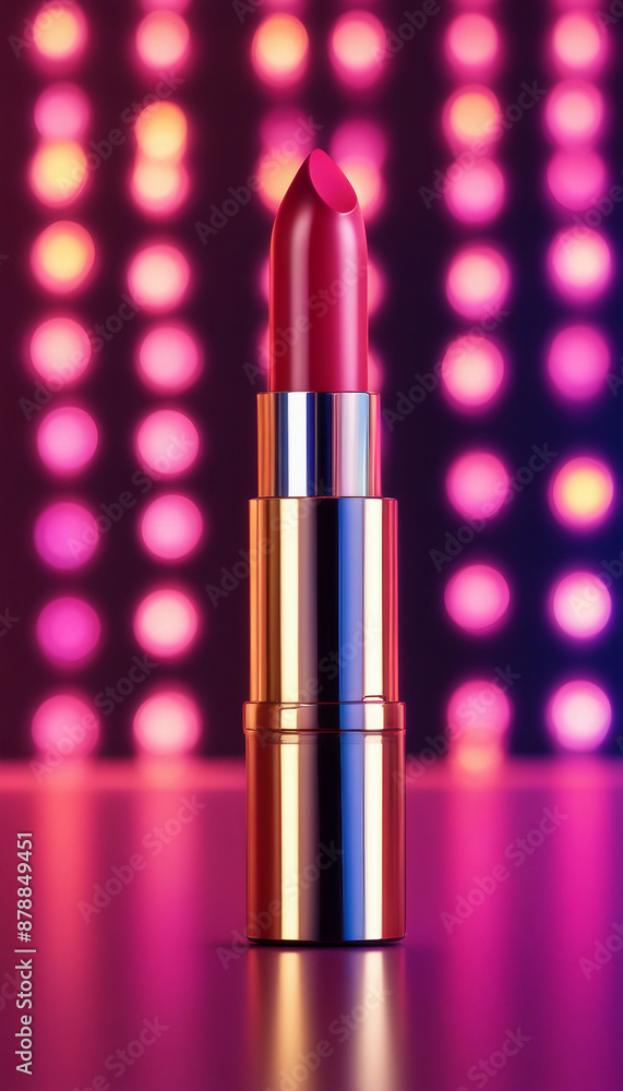 Lipstick standing upright amidst vibrant abstract colored lights on a smooth surface representing a Lipstick standing upright amidst vibrant abstract colored lights on a smooth surface representing a