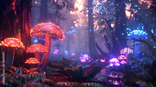 Enchanting Glowing Mushrooms and Holographic Wildlife in Serene Fantasy Forest © JIRAPHASS