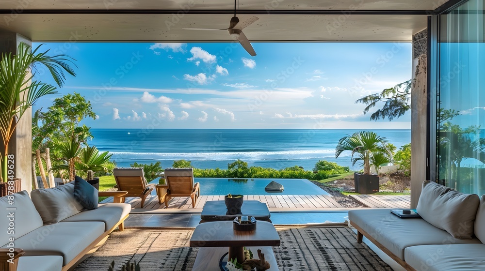 Fototapeta premium Luxurious Beach Resort with Smart Tech Amenities and Interactive Ocean Views