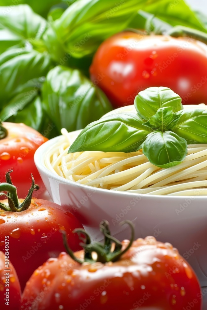 Delicious single serving of spaghetti with fresh tomatoes and basil on white background Delicious single serving of spaghetti with fresh tomatoes and basil on white background