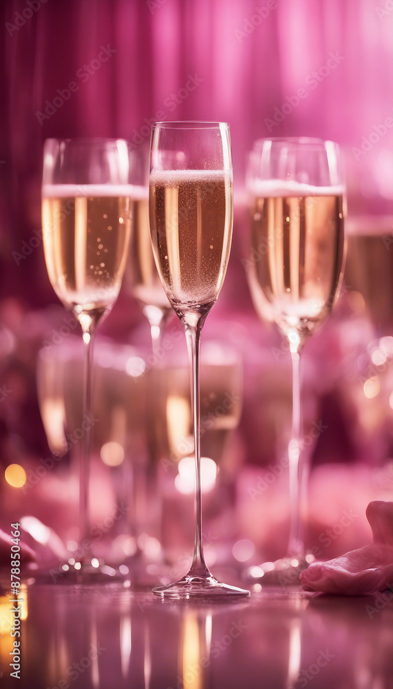 Luxurious champagne tower celebration with glasses overflowing in sparkling pink setting Luxurious champagne tower celebration with glasses overflowing in sparkling pink setting