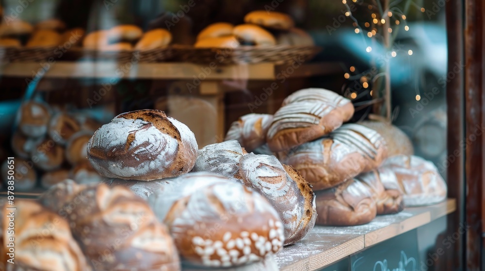 Artisan bread loaves freshly baked and displayed in a bakery window