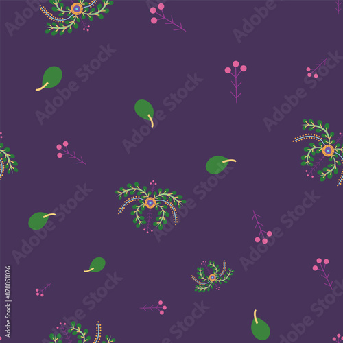 seamless repeat pattern with beautiful and colorful floral motifs on a dark purple background perfect for fabric, scrap booking, wallpaper, gift wrap projects