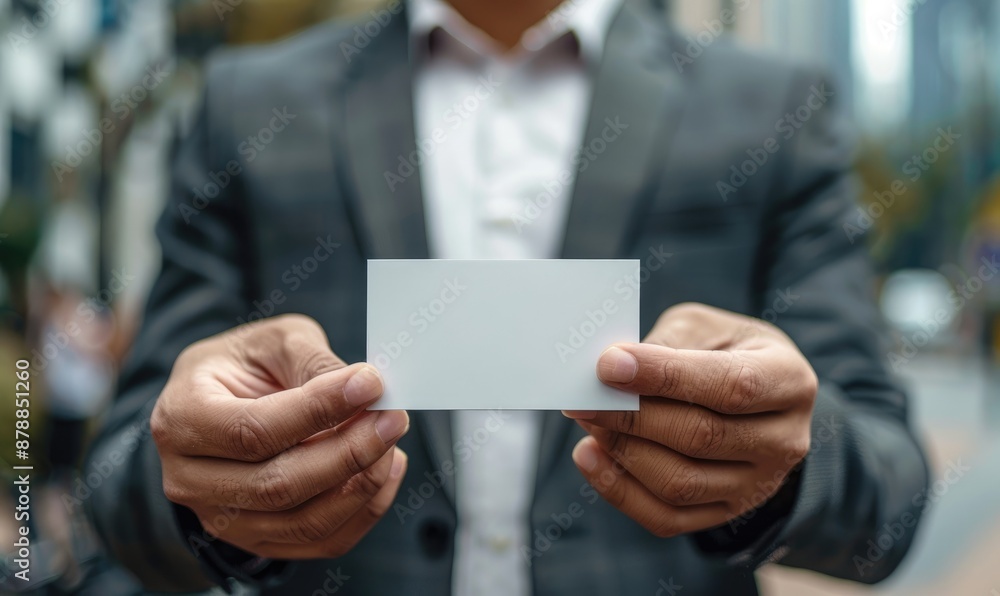 Businessman Holding White Business Card: Professional Networking Essentials Businessman Holding White Business Card: Professional Networking Essentials