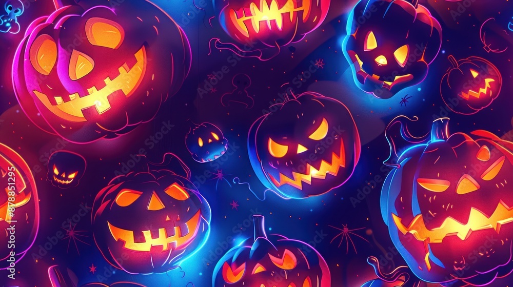 Seamless pattern colorful and vibrant image of pumpkins with glowing eyes and mouths. Seamless pattern colorful and vibrant image of pumpkins with glowing eyes and mouths.