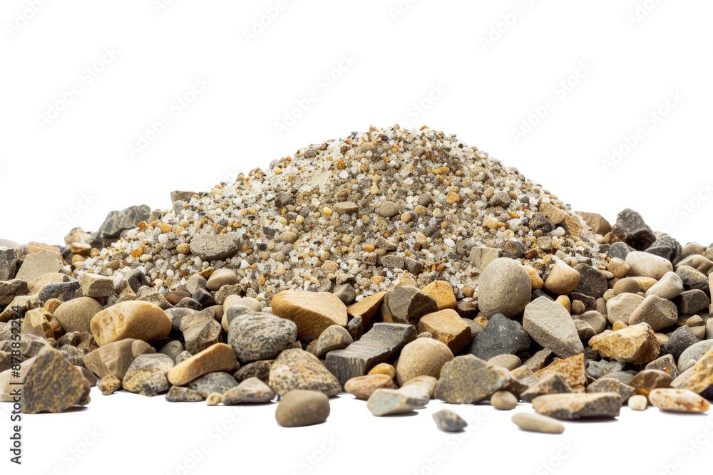 A pile of rocks and gravel on a white background, suitable for use in still life photography or as a texture image