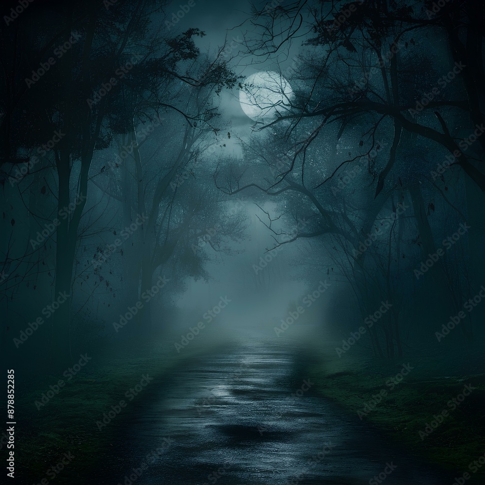 Eerie moonlit forest path enveloped in dense fog, creating a spooky and mysterious atmosphere. Eerie moonlit forest path enveloped in dense fog, creating a spooky and mysterious atmosphere.