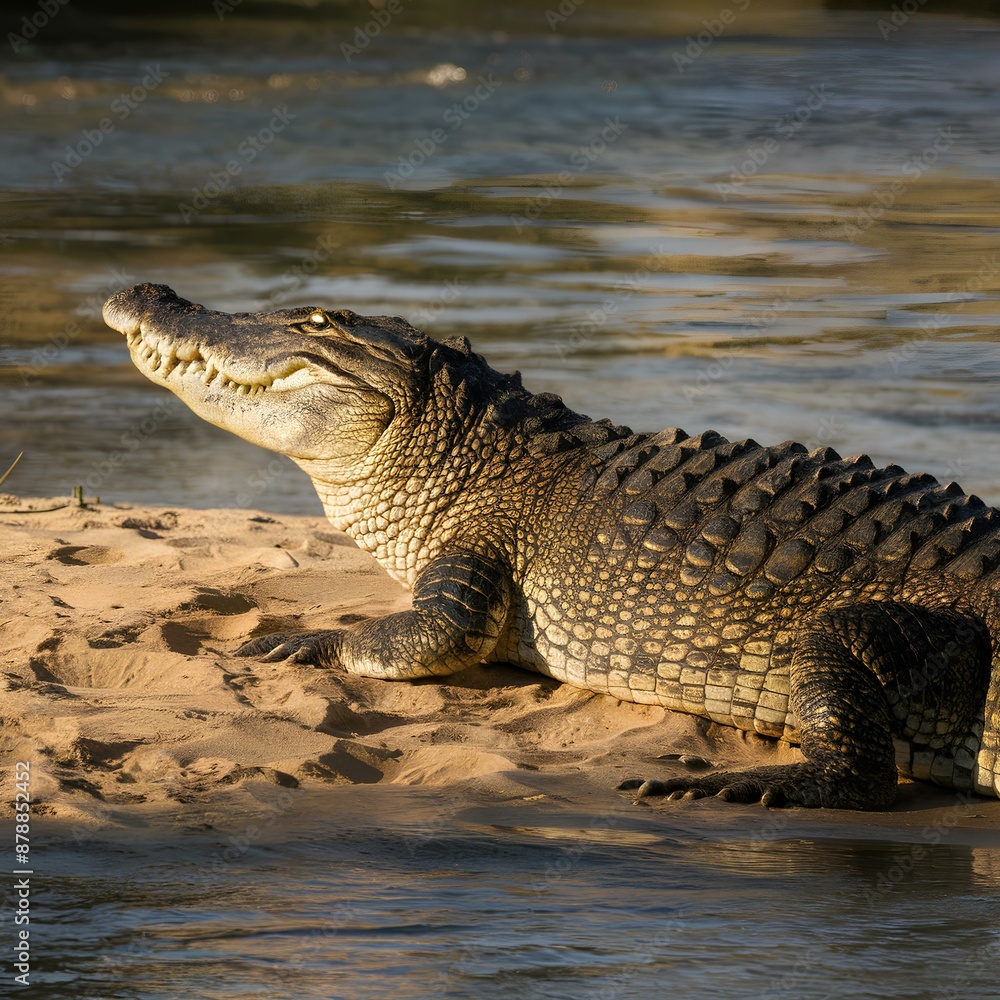 Obraz premium A detailed photograph of a crocodile basking in the sunlight on a sandy riverbank. The image captures the texture of its rugged skin and the serene river backdrop. Ideal for wildlife