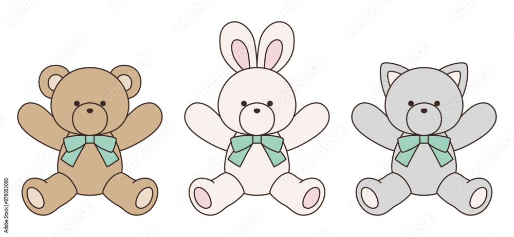 リボンをつけたかわいいくまとうさぎとねこのぬいぐるみのベクターイラストセット アイコン 動物 リボンをつけたかわいいくまとうさぎとねこのぬいぐるみのベクターイラストセット アイコン 動物