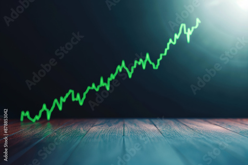 Green line graph showing increasing trend over a wooden floor and dark gradient background, symbolizing growth, success, and financial progress.