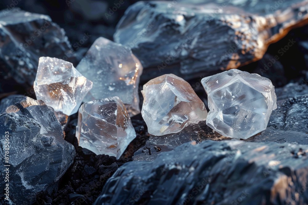 Closeup photo of rough raw diamonds laying on the rocks Closeup photo of rough raw diamonds laying on the rocks
