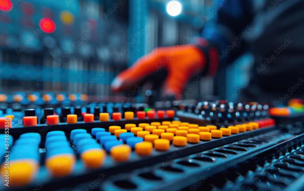 Close-up of an audio engineer adjusting sound levels on a vibrant mixing console in a professional recording studio.