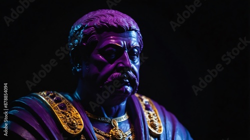 bust statue of emperor with purple dramatic lighting on plain dark black background