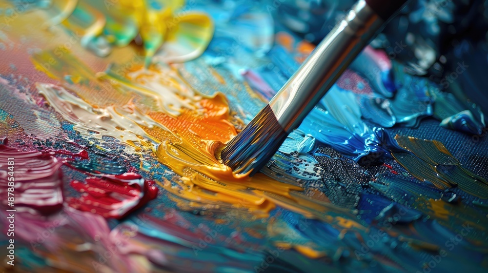 A close-up of a paintbrush mixing vibrant colors on an artist's palette. The scene captures the texture and blending of paints, highlighting creativity and the artistic process A close-up of a paintbrush mixing vibrant colors on an artist's palette. The scene captures the texture and blending of paints, highlighting creativity and the artistic process