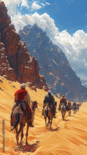 A scenic view of a caravan of camels and travelers crossing a vast desert with towering rocky mountains in the background. The image captures adventure and exploration