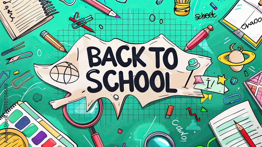 Obraz premium Back to School text with colorful illustrations of school supplies like pencils, rulers, notebooks, and magnifying glass on a green background