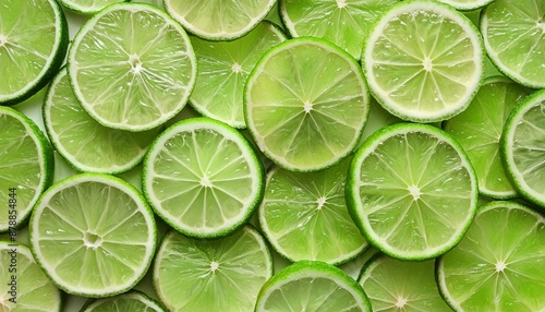 slices of fresh juicy green lemons lime fruit cut texture citrus section pattern vibrant color summer design flat lay top view