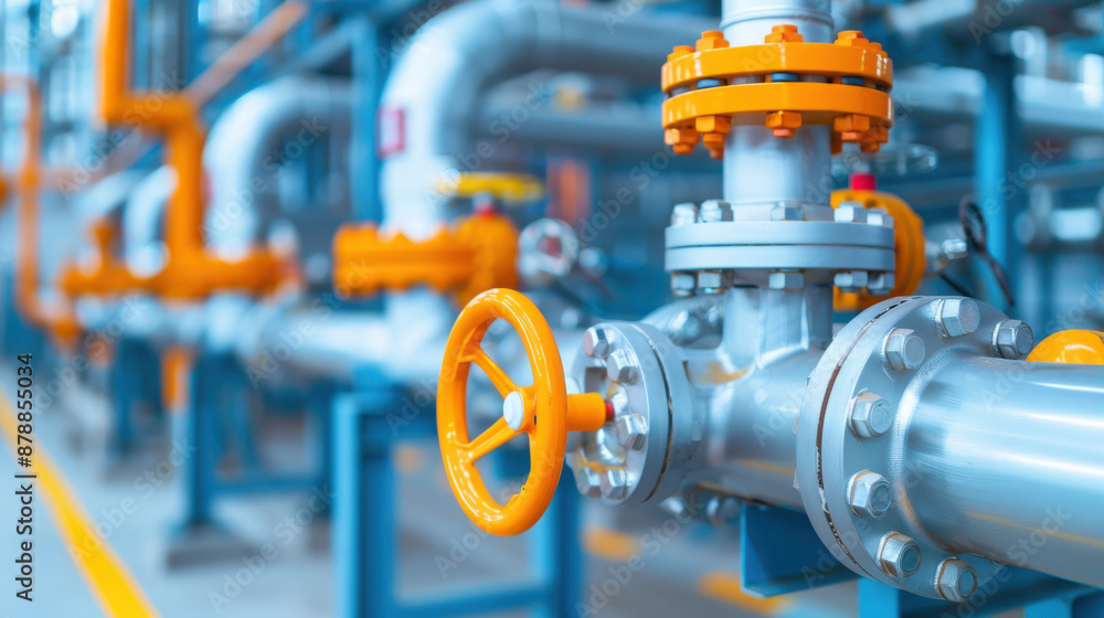 Industrial piping system with bright orange valve handles and stainless steel pipes in a factory setting, showcasing engineering and manufacturing. Industrial piping system with bright orange valve handles and stainless steel pipes in a factory setting, showcasing engineering and manufacturing.