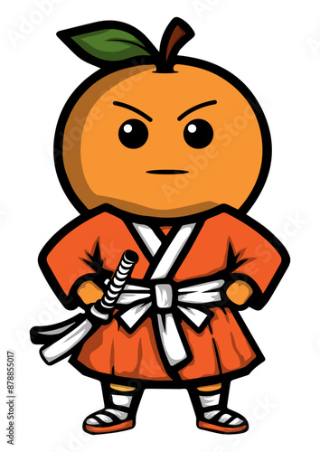 an orange dressed in karate Gi with a small sword beside him