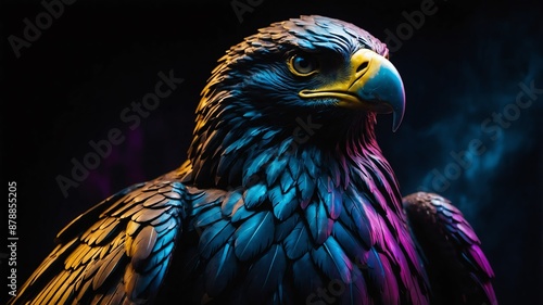 eagle statue with colorful dramatic lighting on plain dark black background © SevenThreeSky