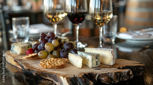 Artisanal cheese and wine pairing on an elegant wooden board