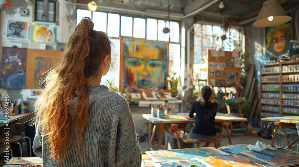 Young woman with long hair in an art studio, observing colorful paintings with sunlight streaming through large windows Young woman with long hair in an art studio, observing colorful paintings with sunlight streaming through large windows