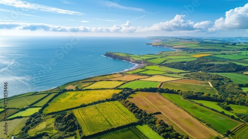 Aerial View of Coastal Landscape with Lush Farmland