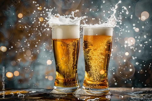 Two glasses of beer in cheers gesture, splashing out. Isolated on shabby background - generative ai