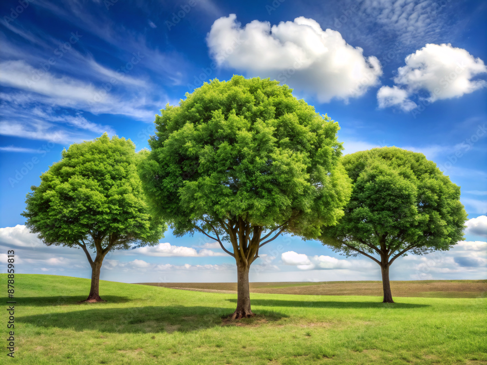 Fototapeta premium tree on the field, grass, field, green, nature, meadow, summer, blue, spring, cloud, clouds, horizon, rural, environment