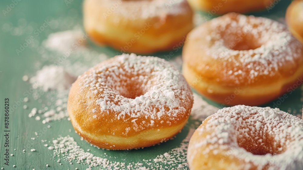 Homemade donuts with powdered sugar on green background focused Homemade donuts with powdered sugar on green background focused