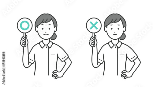 まるとばつの札を持ち腰に手を当てる女性看護師の上半身イラスト
