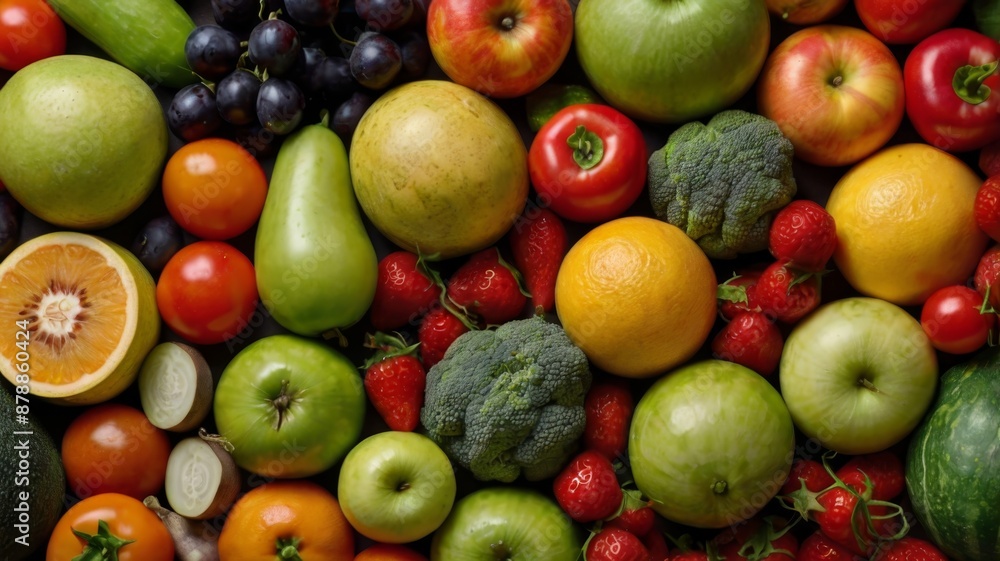 A collection of various fruits and vegetables, showcasing their natural variety A collection of various fruits and vegetables, showcasing their natural variety