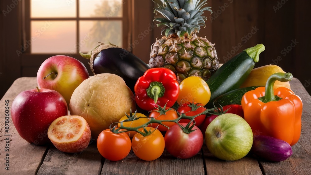 A collection of various fruits and vegetables, showcasing their natural variety A collection of various fruits and vegetables, showcasing their natural variety