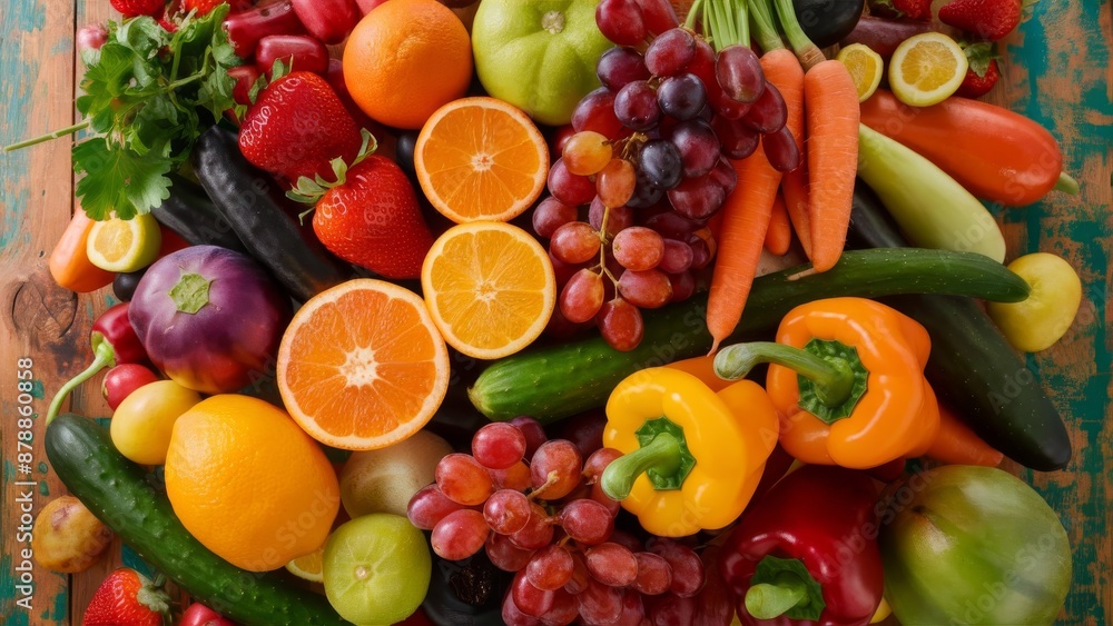 A collection of various fruits and vegetables, showcasing their natural variety A collection of various fruits and vegetables, showcasing their natural variety