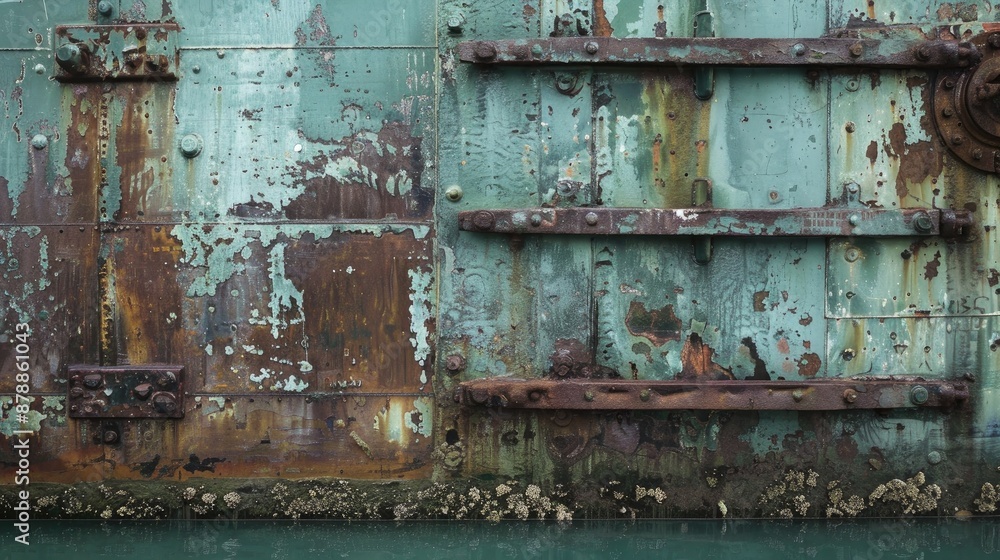Aquamarine hue covers aged metal in the bay Aquamarine hue covers aged metal in the bay