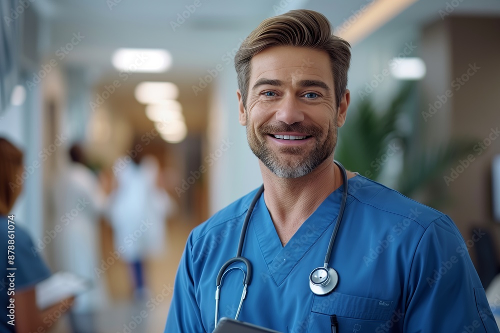 Smiling Surgeon with Digital Tablet in Clinic Hall Smiling Surgeon with Digital Tablet in Clinic Hall