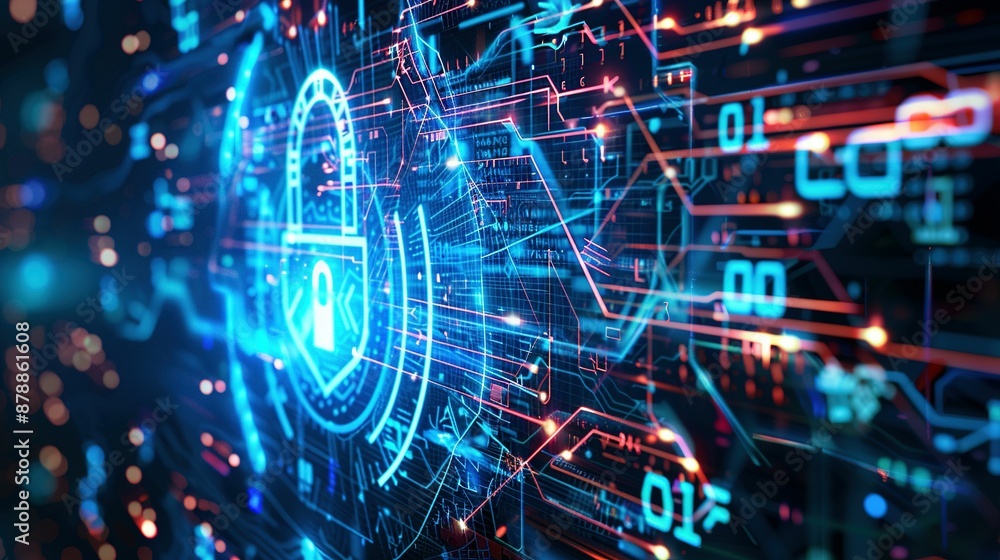 Obraz premium Dramatic Cybersecurity Network Display: High-Tech Interface with Copy Space