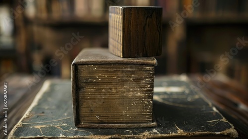 Selective focus on wooden cube atop book