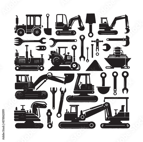 construction machines and equipment collention set vector illustration