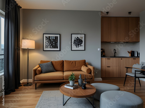 Interior of Small Apartment Living Room for Home Office: Real Estate Rent and Home Staging