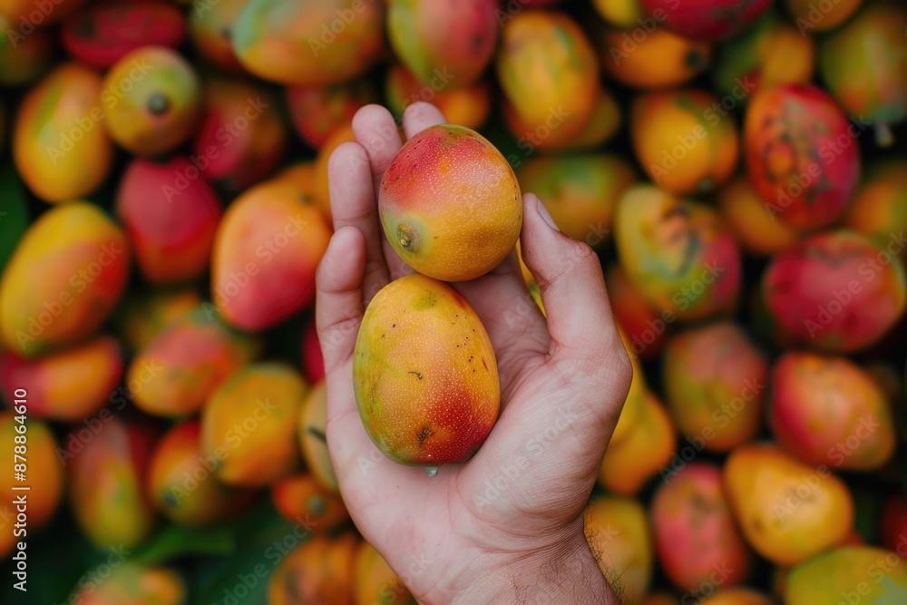 A person holds two ripe mangoes in front of a stack of more mangoes, showcasing the fruit's vibrant color and texture A person holds two ripe mangoes in front of a stack of more mangoes, showcasing the fruit's vibrant color and texture